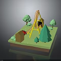 3D Miniature Amusement Park Landscape With Roller Coaster Red Car Green Trees And Small Buildings