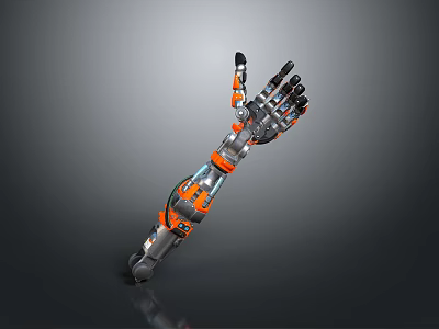 Robotic Arm 3D Rendering With Metallic Structure And Orange Accents 3d model