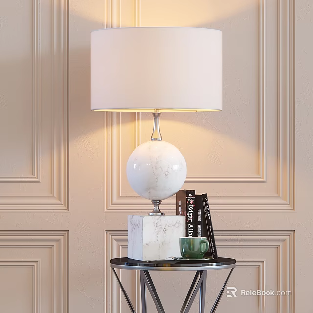 Elegant Table Lamp With White Lampshade Spherical Marble Base Silver Pole On Black Table 3d model 