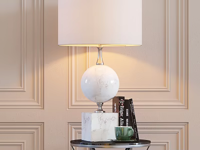 Elegant Table Lamp With White Lampshade Spherical Marble Base Silver Pole On Black Table 3d model