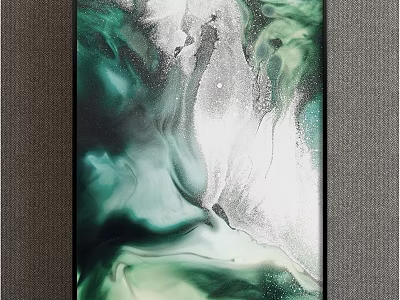 Green Silver and White Abstract Painting with Fluid Swirl Patterns Modern Wall Art 3d model