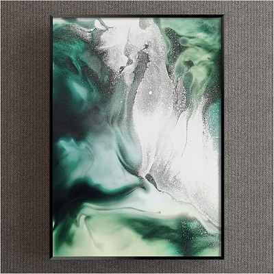 Green Silver and White Abstract Painting with Fluid Swirl Patterns Modern Wall Art 3d model