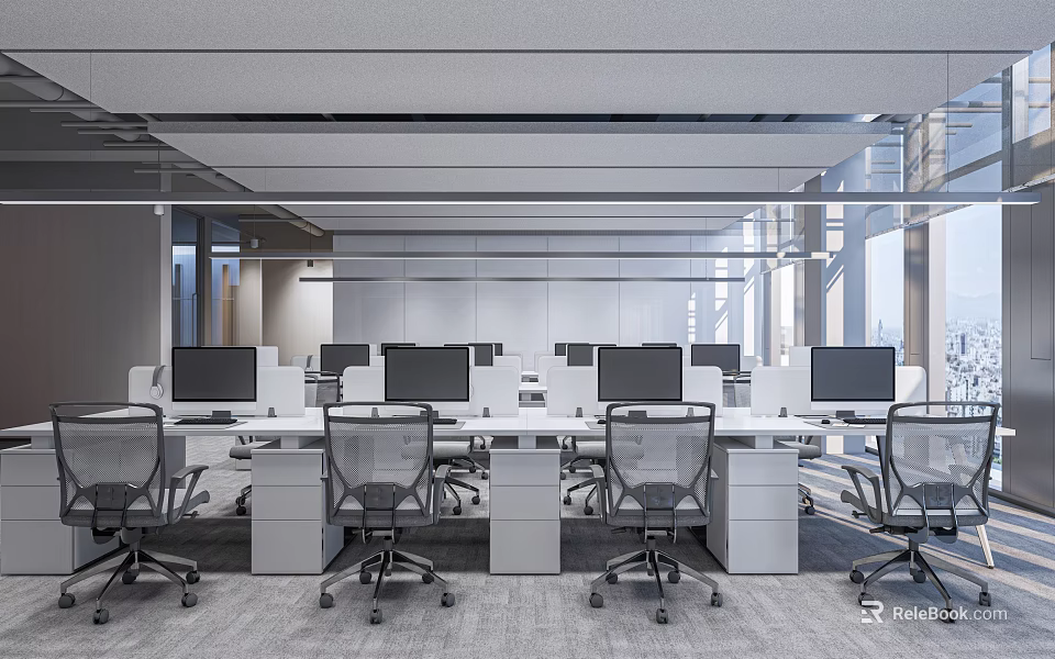 Modern Public Office Space Interior With Open Layout Computer Desks And Ergonomic Chairs 3d model