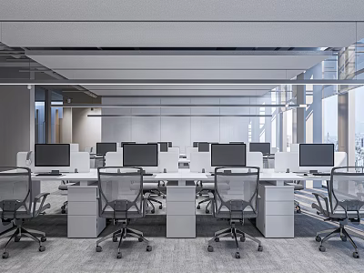 Modern Public Office Space Interior With Open Layout Computer Desks And Ergonomic Chairs 3d model