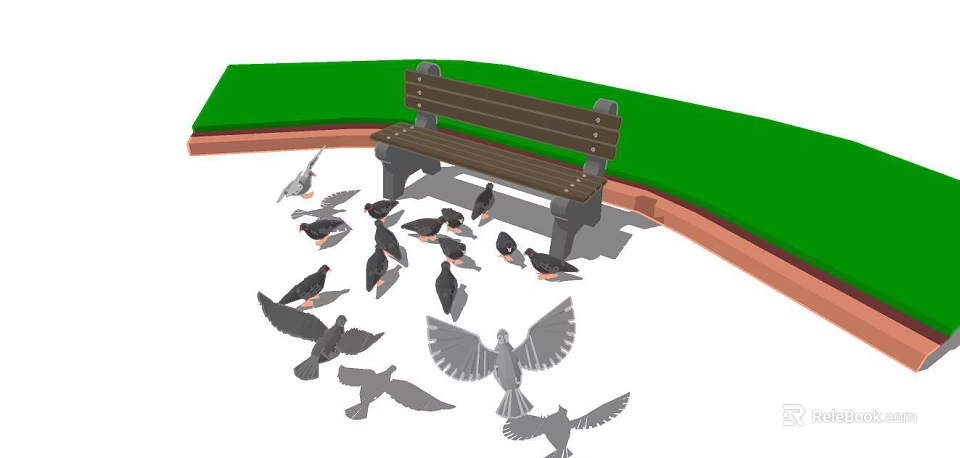 Outdoor Public Bench Surrounded by Pigeons on Green Grass in Park 3d model 