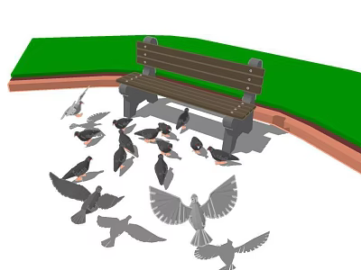 Outdoor Public Bench Surrounded by Pigeons on Green Grass in Park 3d model