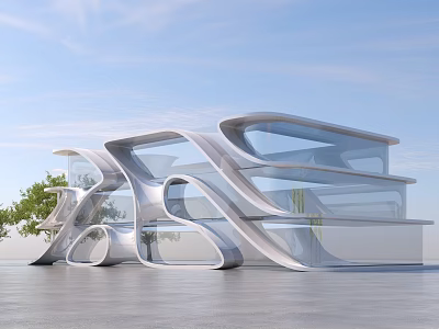 Modern Architectural Design Featuring Curved White Structure Glass Facades And Green Trees 3d model