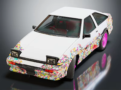 Stylish Two Door Sports Car With Colorful Floral Patterns And Pink Wheels On White Body 3d model