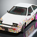 Stylish Two Door Sports Car With Colorful Floral Patterns And Pink Wheels On White Body