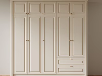 White Modern Wardrobe With Multiple Cabinet Doors And Drawers With Golden Handles 3d model