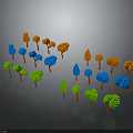 Colorful 3D Model Trees Arranged in Green Blue Orange on Gray Background With Reflections