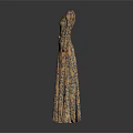 Elegant Long Dress With Blue Red Floral Pattern Long Sleeves Red Cuffs And Belt Detail
