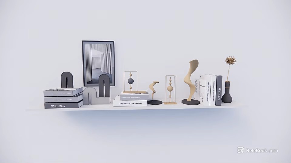 Decorative Ornament Set With Picture Frame Geometric Sculptures Books Vase Dried Flower On Shelf 3d model 