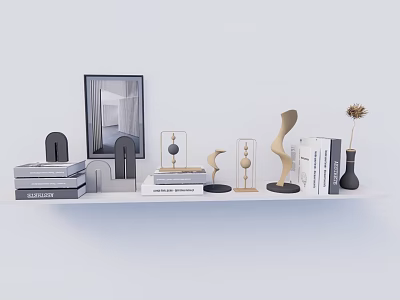 Decorative Ornament Set With Picture Frame Geometric Sculptures Books Vase Dried Flower On Shelf 3d model