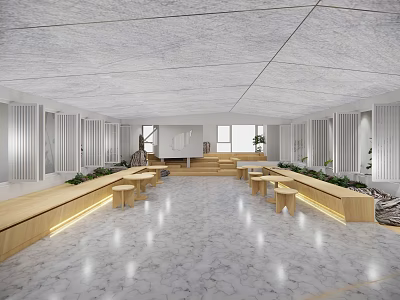 Modern Spacious Office Interior With Wooden Benches Marble Flooring And Green Plants 3d model