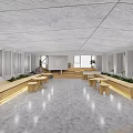 Modern Spacious Office Interior With Wooden Benches Marble Flooring And Green Plants