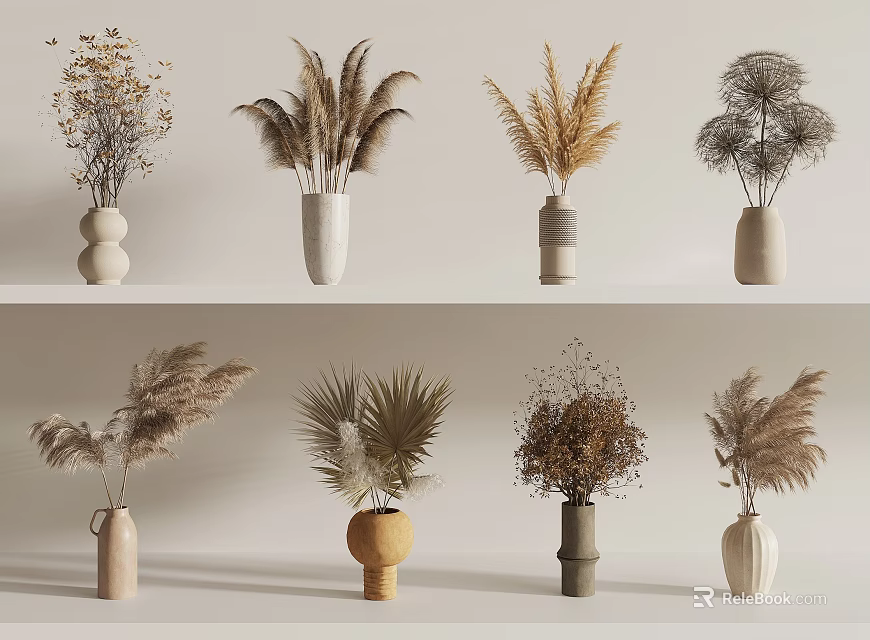 Decorative Vases With Dried Flowers In Various Shapes And Natural Textures 3d model 