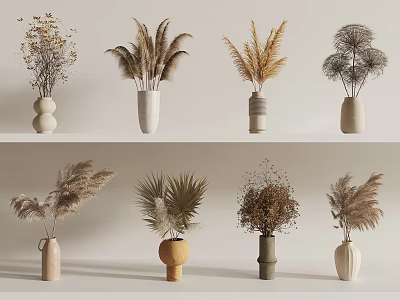 Decorative Vases With Dried Flowers In Various Shapes And Natural Textures 3d model