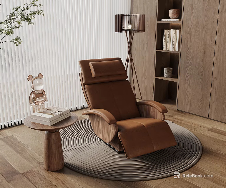 Comfortable Brown Recliner Chair In Modern Interior With Round Woven Rug Side Table And Lamp 3d model 