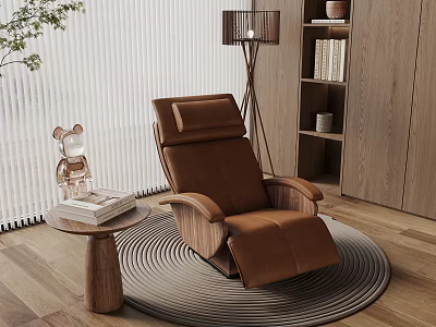 Comfortable Brown Recliner Chair In Modern Interior With Round Woven Rug Side Table And Lamp 3d model