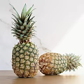 Two Pineapples One Standing and One Lying on Wooden Table with Marble Background and Sunlight