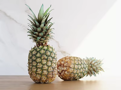 Two Pineapples One Standing and One Lying on Wooden Table with Marble Background and Sunlight 3d model