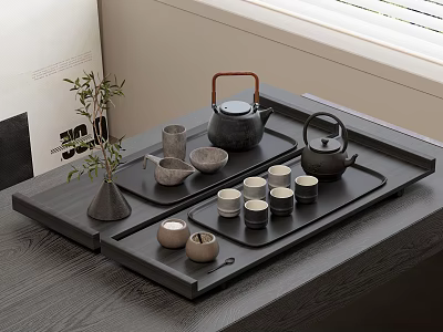 Minimalist Modern Tea Set With Black Tea Tray Teapot Small Ceramic Cups And Wooden Handle 3d model