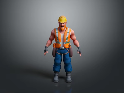 3D Construction Worker Character With Yellow Hard Hat Orange Safety Vest And Tool Belt 3d model