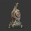 Ornate Vintage Clock With Intricate Carvings Golden Accents And Green Base