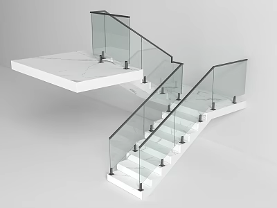 Modern Floating Staircase With Glass Railings And White Marble Steps Design 3d model