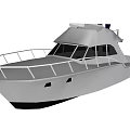 Modern Silver Yacht Exterior With White Railings Flat Deck And Pilothouse