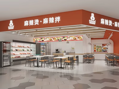 Modern Bright Spicy Hot Pot Restaurant Interior With Neat Dining Seats And Food Display Cabinets 3d model