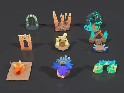 Cartoon Fantasy 3D Scene Components With Various Colors Arches Rocks Flames And Ice Blocks 3d model