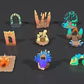 Cartoon Fantasy 3D Scene Components With Various Colors Arches Rocks Flames And Ice Blocks
