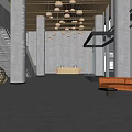 Modern Front Desk Reception Lobby Interior With Gray Flooring Orange Sofa And Pendant Lights