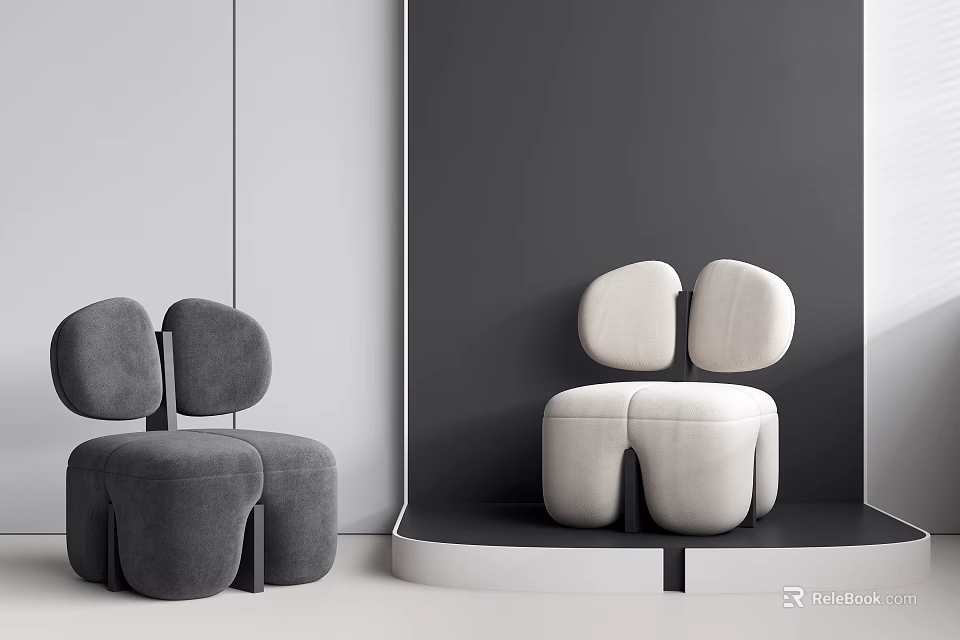 Modern Gray And White Sofa Stools With Soft Curved Design In Minimalist Interior 3d model 