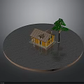 Small Orange House with Solar Panels beside a Tree on Circular Blue Platform with Reflection