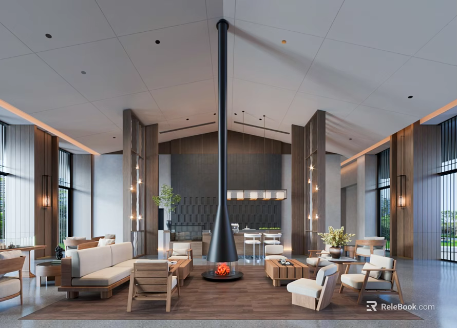Elegant Spacious Modern Hotel Lobby With Central Hanging Fireplace And Cozy Wooden Lounge Furnishings 3d model 