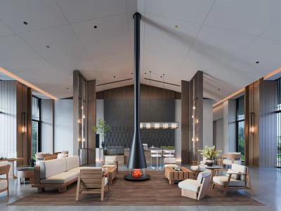 Elegant Spacious Modern Hotel Lobby With Central Hanging Fireplace And Cozy Wooden Lounge Furnishings 3d model
