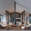 Elegant Spacious Modern Hotel Lobby With Central Hanging Fireplace And Cozy Wooden Lounge Furnishings