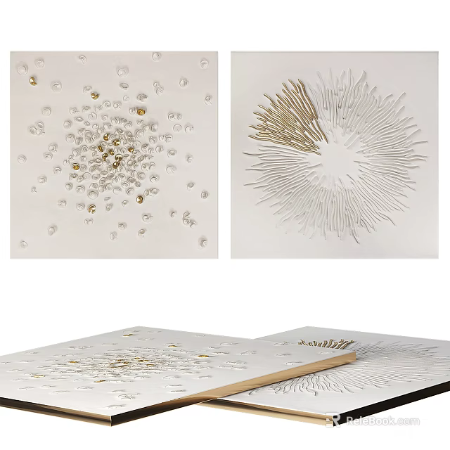 Abstract Painting Artwork With White Background Gold Textured Patterns And Radiant Design Elements 3d model 