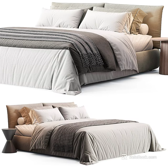 Modern Double Bed Setup With Neutral Tones Bedding Knitted Blanket Pillows And Nightstand 3d model 
