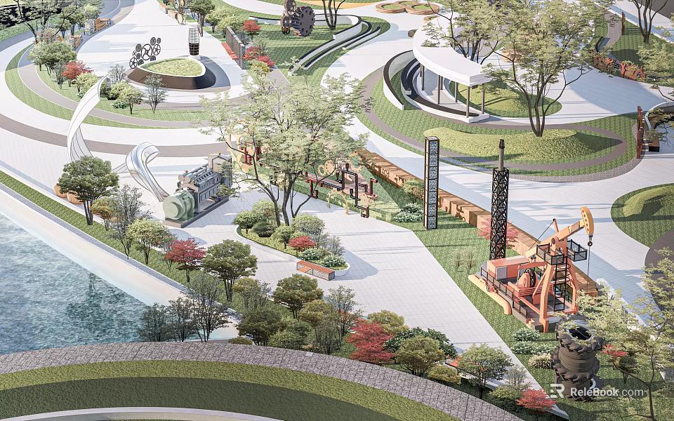 Modern Park Landscape Design With Water Feature Greenery Walkway And Sculptures 3d model 