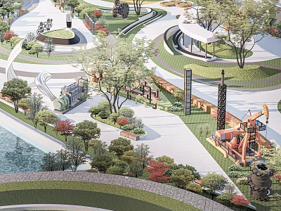 Modern Park Landscape Design With Water Feature Greenery Walkway And Sculptures 3d model