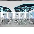 Modern Office Interior With Desks Chairs Computers Wall Screens And Geometric Ceiling Design