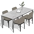 Modern Rectangular Dining Table Set with Four Light Grey Chairs and Green Plant Vase 3d model