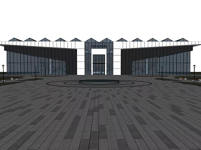 Modern Commercial Architecture Exterior With Glass Facade Stone Pavement Plaza And Gabled Roofs 3d model