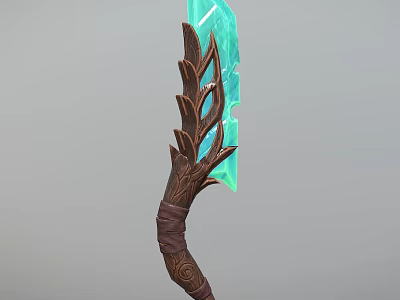 Fantasy Weapon Design with Wooden Hilt Leaf Shaped Accents and Blue Crystal Blade 3d model