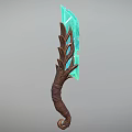 Fantasy Weapon Design with Wooden Hilt Leaf Shaped Accents and Blue Crystal Blade