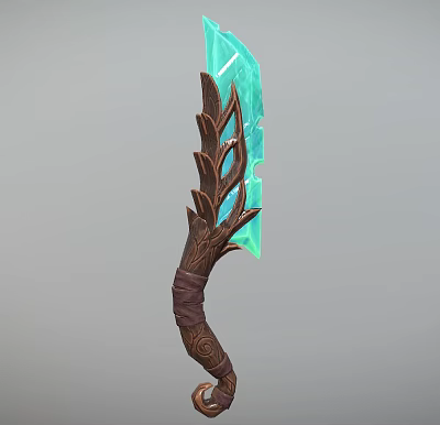 Fantasy Weapon Design with Wooden Hilt Leaf Shaped Accents and Blue Crystal Blade 3d model